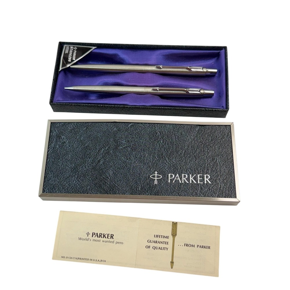 Vintage Parker Stainless Steel Pen Pencil Set In Box Ballpoint Mechanical USA
